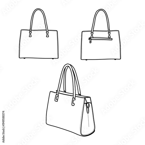 Set of Three Handbag Illustrations in Black and White.