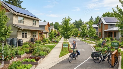 A vibrant sustainable community featuring solar-paneled homes, lush garden beds, and residents enjoying a bike ride on a sunny day.