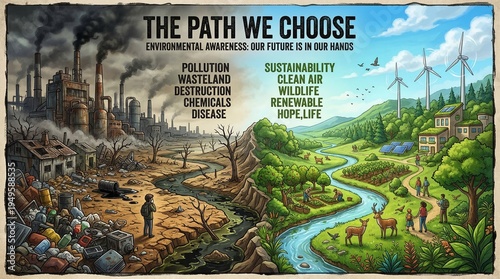A powerful visual contrast illustrating two paths: one of environmental destruction with pollution and factories, and another of sustainability with clean energy and lush nature.
