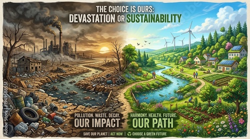A powerful visual contrast between a polluted, industrial wasteland and a vibrant, sustainable green landscape with wind turbines and clean rivers, emphasizing environmental choice.