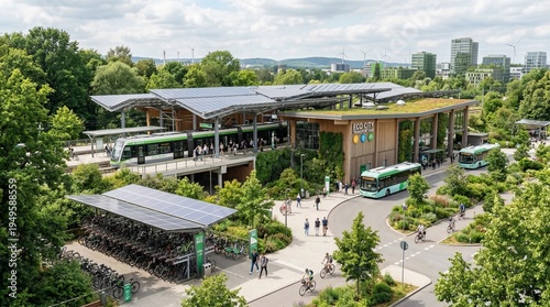 Modern eco-friendly transportation hub with solar panels, green roofs, and integrated public transport services including trains, buses, and extensive bicycle parking, surrounded by lush greenery.