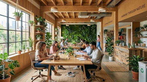 People working in a modern, eco-friendly office space with abundant plants, wooden furniture, and a large green living wall, promoting a natural and collaborative environment.