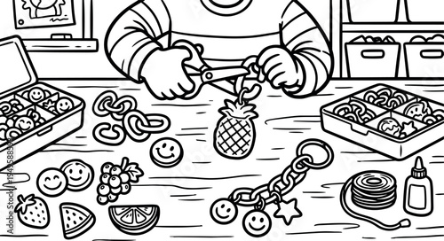 Black and white line art close up hands cutting pineapple keychain making smiley face crafts on wooden desk with organized drawers and boxes