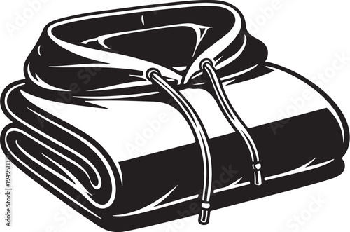 Folded black and white hoodie vector illustration with drawstring, casual apparel design element