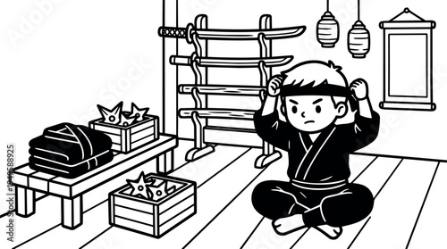 Black and white line art child sitting cross legged wearing martial arts uniform tying headband in dojo room with weapons and decorations