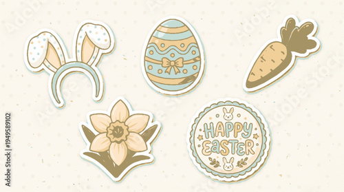 Charming vector sticker set featuring a cute bunny ear headband a decorative patterned easter egg a stylized carrot a blooming daffodil