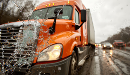 A damaged orange semi-truck with a shattered windshield on a wet highway during a traffic incident