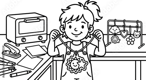 Smiling girl holding sun and star shaped necklace handmade in craft room with stapler colored pencils and decorated rack in background