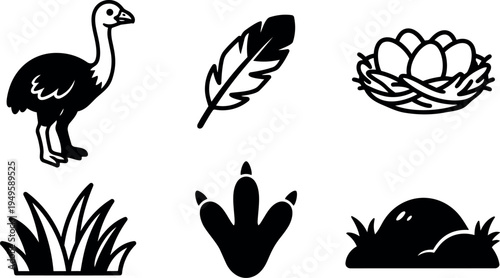 Silhouette vector art of cassowary bird feather nest with eggs grass footprint and mound icons set