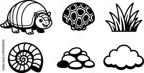 Cute armadillo smiling beside turtle shell spiral shell pile of stones grass and cloud vector icons in black and white outline style