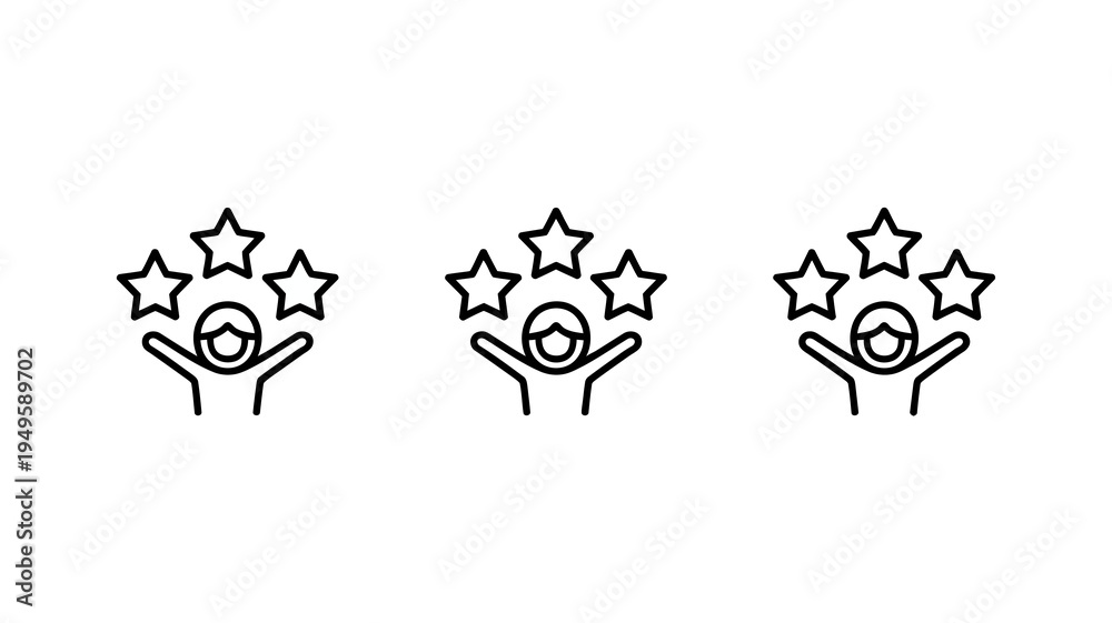 Fototapeta premium A series of three identical line art icons depict a person with raised arms celebrating under three stars high quality professional detailed modern elegant stylish clean