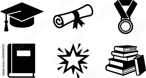 Black silhouette graduation cap diploma medal book star burst and stacked books vector icons set