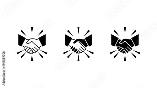 Bilde på lerret Three black and white icons depict a handshake each surrounded by radiating line