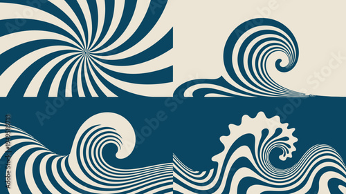 Photos A geometric composition features four quadrants displaying stylized wave pattern