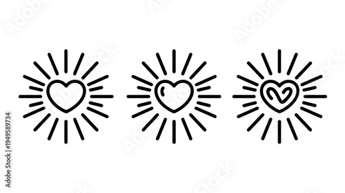 Three stylized heart icons radiate outwards with thin lines suggesting light love or positive energy in a minimalist design high quality professional detailed modern elegant stylish