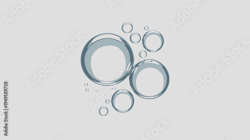 A collection of translucent water droplets and bubbles float against a soft pale gray background creating a minimalist composition high quality professional detailed modern elegant stylish