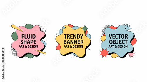 Three colorful abstract banners with fluid shapes and text overlays are displayed against a stark white background showcasing modern design elements high quality professional detailed elegant