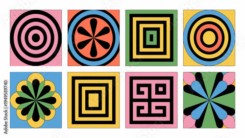 A collection of eight square panels displays vibrant abstract geometric patterns utilizing circular and square motifs in bright colors high quality professional detailed modern elegant stylish