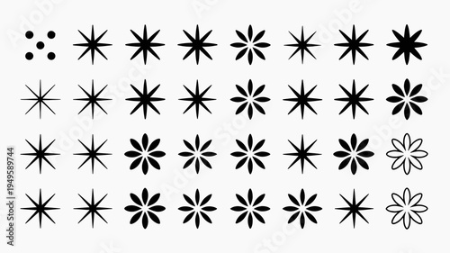 A collection of abstract black starburst and floral shapes are arranged in a grid on a clean white background high quality professional detailed modern elegant stylish