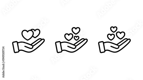 A series of three line art illustrations depict open hands cupping varying numbers of hearts symbolizing love care and affection high quality professional detailed modern elegant