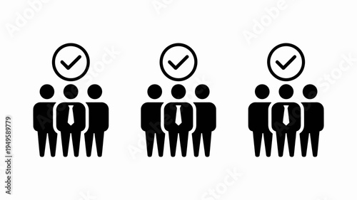 A minimalist black and white graphic depicts three groups of silhouetted people each with a checkmark symbol above them high quality professional detailed modern elegant stylish