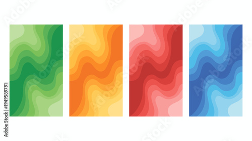 A vibrant display of four rectangular panels showcases flowing wavy gradients in shades of green orange red and blue high quality professional detailed modern elegant stylish