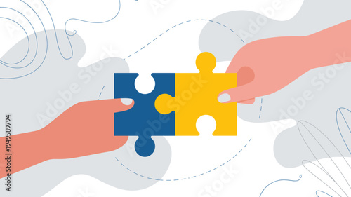 Two hands reach for connecting puzzle pieces one blue and one yellow symbolizing collaboration and unity against a white backdrop high quality professional detailed modern elegant