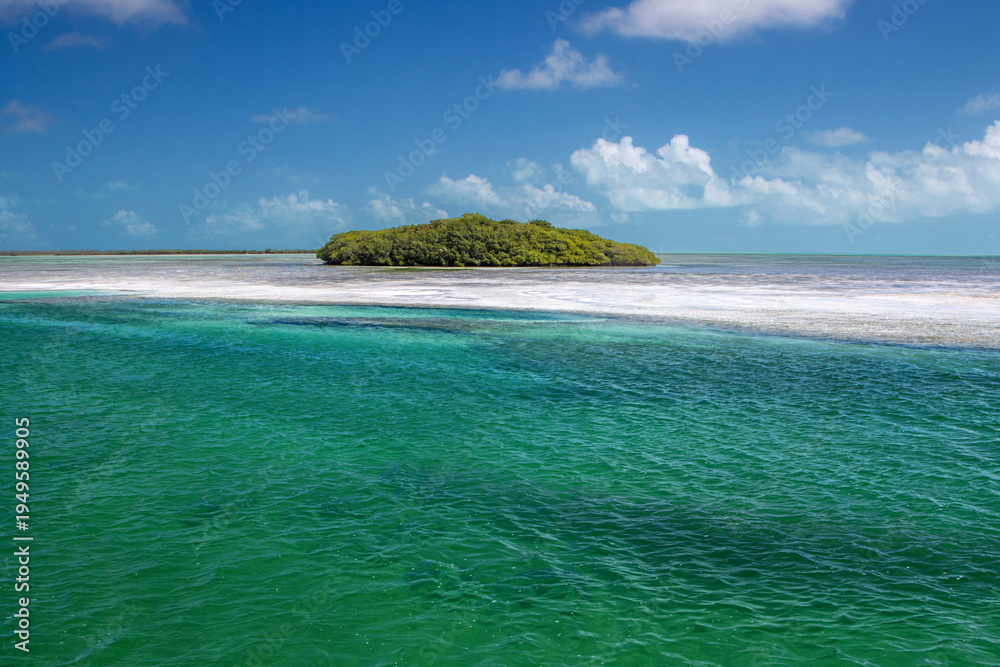Obraz premium A small tropical island surrounded by green water and blue sky with clouds