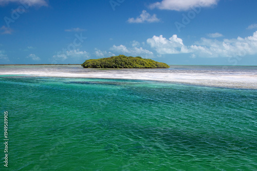 A small tropical island surrounded by green water and blue sky with clouds