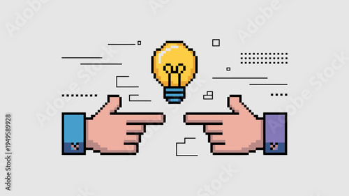 A pixelated illustration depicts two hands pointing at a glowing lightbulb representing an idea or innovation high quality professional detailed modern elegant stylish clean crisp vibrant