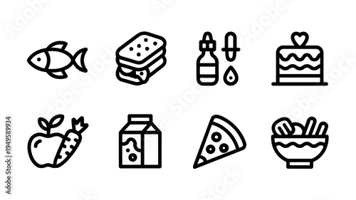 A collection of simple black and white line icons depicts various food items including fish sandwiches and desserts high quality professional detailed modern elegant stylish clean