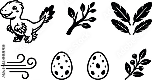Cute smiling dinosaur standing near spotted eggs with leaf branches wind icon black silhouette style vector art