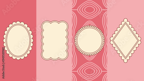 A set of four decorative frames in varying shapes and sizes all featuring a light beige center and red accents high quality professional detailed modern elegant