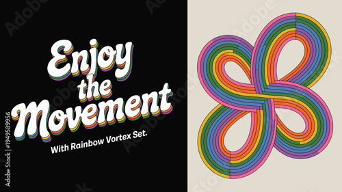 A split screen image features retro typography on the left and a colorful abstract rainbow vortex design on the right high quality professional detailed modern elegant