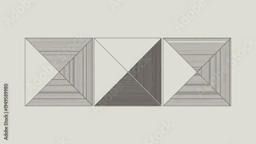 An abstract composition features three adjacent geometric shapes each a square divided diagonally by parallel linear patterns high quality professional detailed modern elegant stylish clean crisp