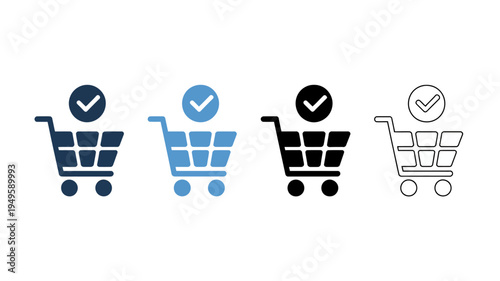 Four shopping cart icons are displayed in varying shades of blue and black alongside a white outline version high quality professional detailed modern elegant stylish clean