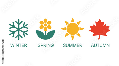 A colorful illustration depicts the four seasons winter spring summer and autumn each represented by a unique symbol high quality professional detailed modern elegant stylish clean