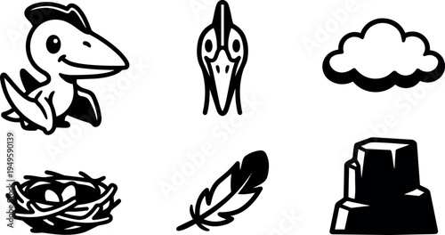 Cute smiling pterosaur with bird head front view nest feather cloud and rock vector icons set