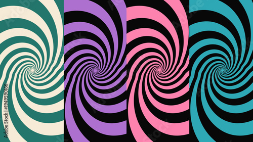 A vibrant composition displays four swirling hypnotic patterns in distinct color schemes creating an optical illusion effect high quality professional detailed modern elegant stylish clean crisp