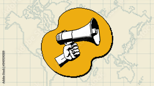 A stylized image depicts a hand firmly grasping a megaphone set against a world map background with an orange circle high quality professional detailed modern elegant
