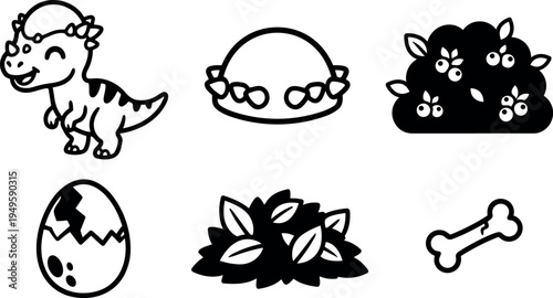 Line art cute smiling baby dinosaur wearing flower crown with leafy bush berries egg and bone isolated vector icons set