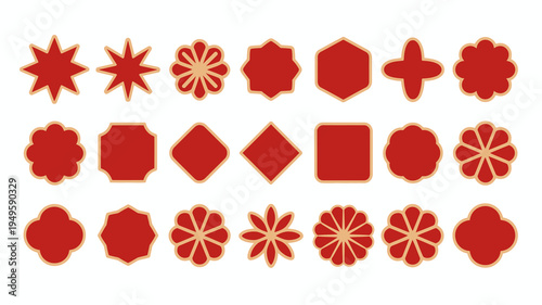 A collection of vibrant red geometric and floral shapes are neatly arranged against a plain white background showcasing diverse designs high quality professional detailed modern elegant