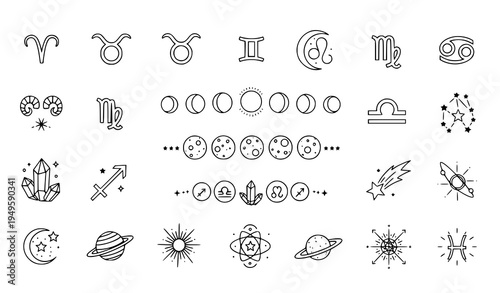 A set of minimalist astrology symbols and icons in a simple line art style