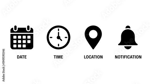 A set of four simple black glyph icons representing a calendar clock location pin and notification bell high quality professional detailed modern elegant stylish clean crisp
