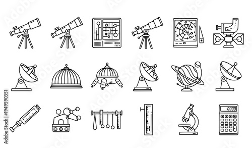 A set of scientific icons including telescopes, microscopes, and globes in a flat, minimal design style.
