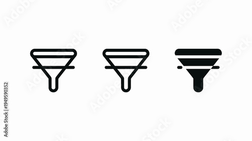 A series of three black funnel icons are displayed illustrating different styles and perspectives of the filtering tool high quality professional detailed modern elegant stylish clean