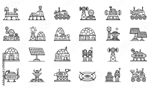 A collection of futuristic space station and satellite vector icons in a minimalist line art style