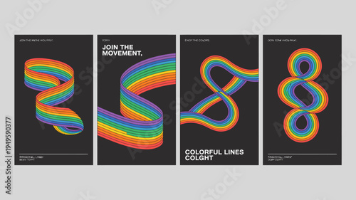 A series of four minimalist posters feature vibrant colorful ribbon like lines against a dark background promoting a message of unity high quality professional detailed modern