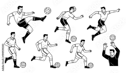 A set of black and white vector illustrations of soccer players in various poses and movements