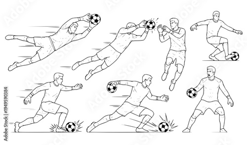 A vector graphic illustration of soccer players in various poses, kicking and saving balls in a minimalist line art style.